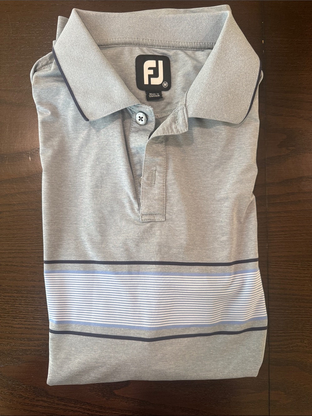 FootJoy Men’s M - Light Gray Polo with Navy and White Stripe Detail